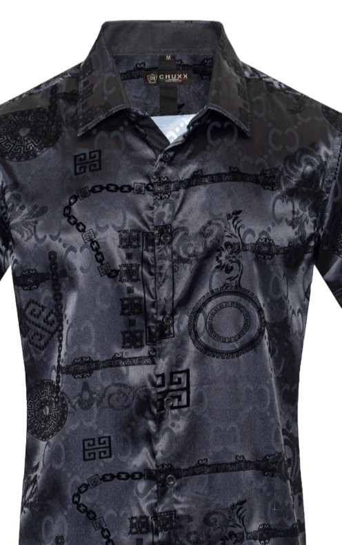 Black Short Sleeve Men's Graphic Design Shiny Shirt Satin Material  DESIGN  MENSWEAR