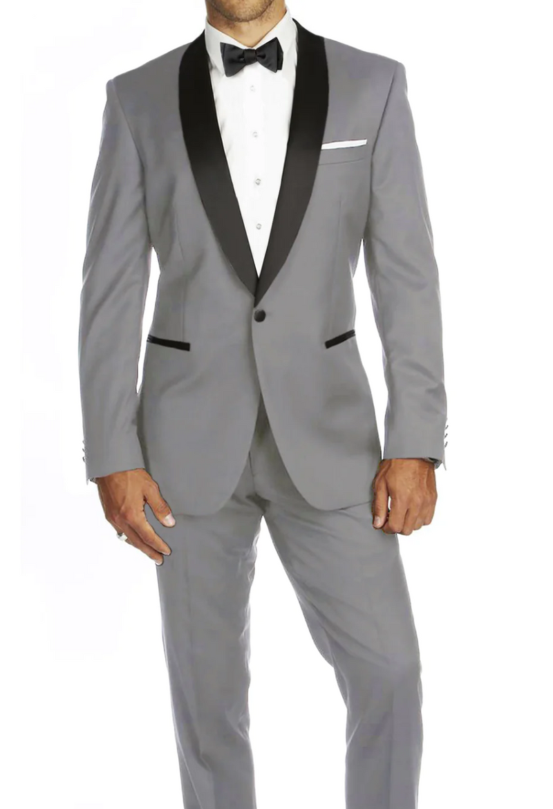 Grey Slim-Fit Tuxedo Single Breasted Black Shawl Lapel Style-PTX02 - DESIGN MENSWEAR