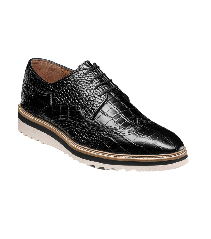 Black Stacy Adams Brinkley Loafer Lace Up Wingtips Croc Print Men&