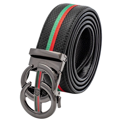 Black Men's Printed Design Belt Genuine Leather Red Green Strips CHB-150