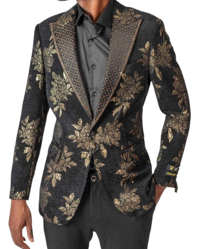 Black and Gold Men's Luxury Floral Print Prom Tuxedo Jacket Slim-Fit Style-FB712