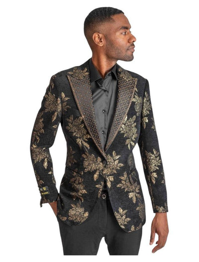 Black and Gold Men's Luxury Floral Print Prom Tuxedo Jacket Slim-Fit Style-FB712