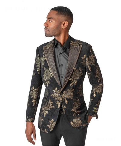 Black and Gold Men's Luxury Floral Print Prom Tuxedo Jacket Slim-Fit Style-FB712