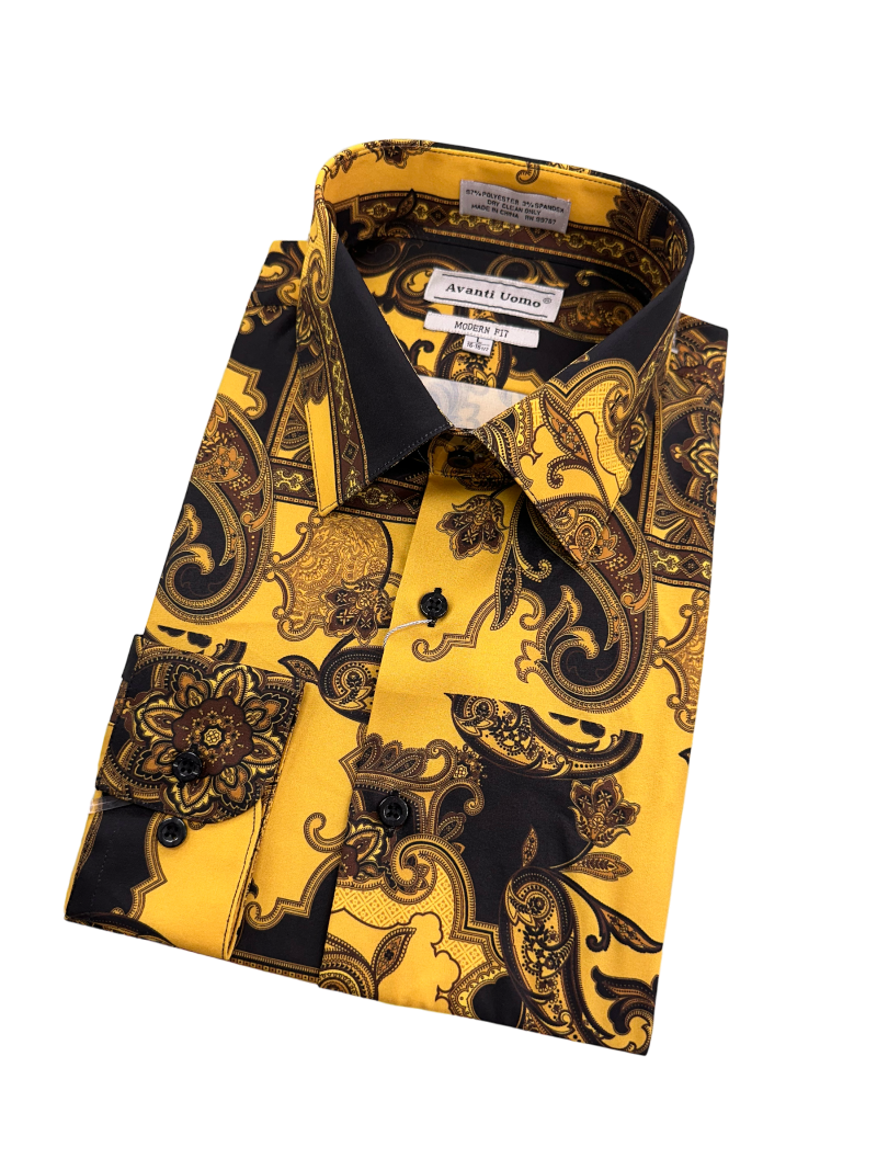 Black and Gold Paisley Print Long Sleeve Men's Dress casual Shirts