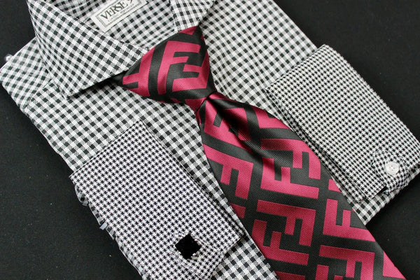 Black and Red FF Men's Fashion Design Luxury Necktie and Hanky Set