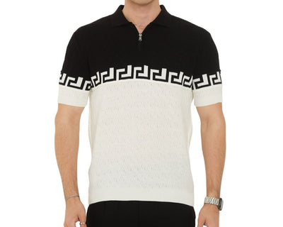 Black and White Suslo Coulure Men's Zip-Up Greek Key Design Knitted Polo Shirt-100