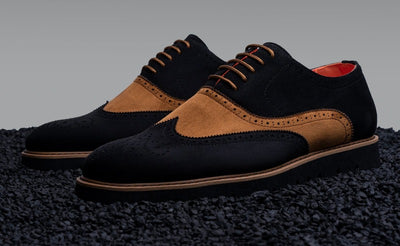 Black and cognac suede towtone wingtip men's casual shoes