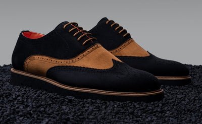 Black and cognac suede towtone wingtip men's casual shoes