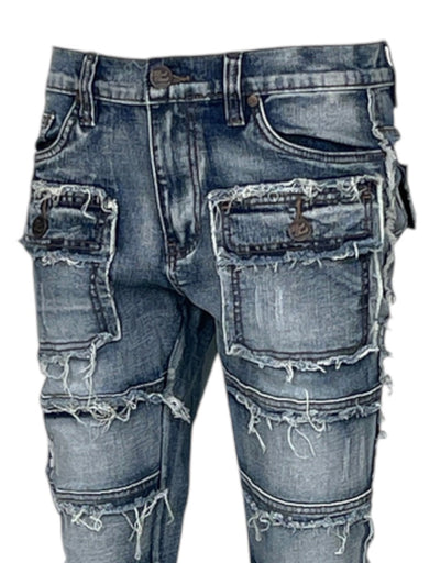 Blue Stacked Jeans Men's Denim Pants Frayed Stack Fit with Pockets