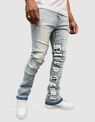 Blue Stacked Vintage Jeans Men's Denim Pants Chenille Patch Stack Jeans