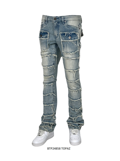 Blue Wash Stacked Jeans Men's Denim Pants Frayed Stack Fit with Pockets