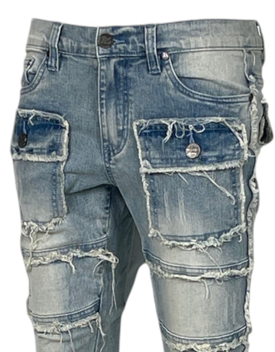 Blue Wash Stacked Jeans Men's Denim Pants Frayed Stack Fit with Pockets - DESIGN MENSWEAR