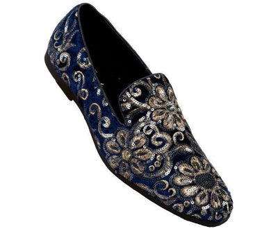 Blue and Gold Sequin Loafers Luxury Design Men's Slip-on Dress Shoes