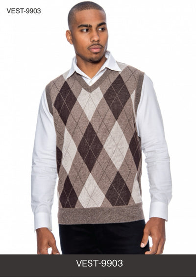 Brown-Beige Men's V-Neck Argyle Sweater Vest Knitwear Sleeveless Pullover STYLE-9903