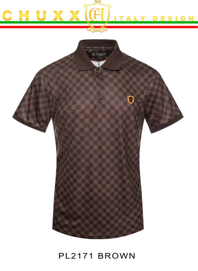 Brown Men printed Plaid Luxury Short Sleeve Polo T-Shirt Italy Design