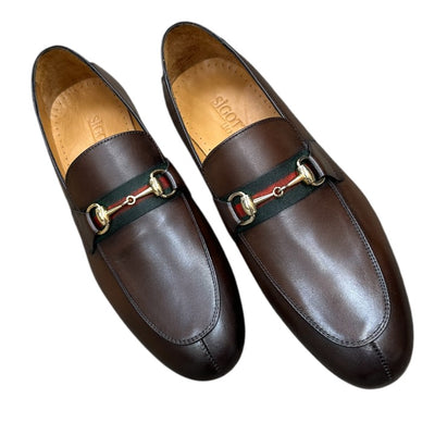 Brown Men's Loafers Slip-on Dress Shoes Gold Buckle Green and Red Stripes Style No:6525