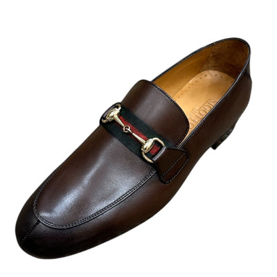 Brown Men's Loafers Slip-on Dress Shoes Gold Buckle Green and Red Stripes Style No:6525