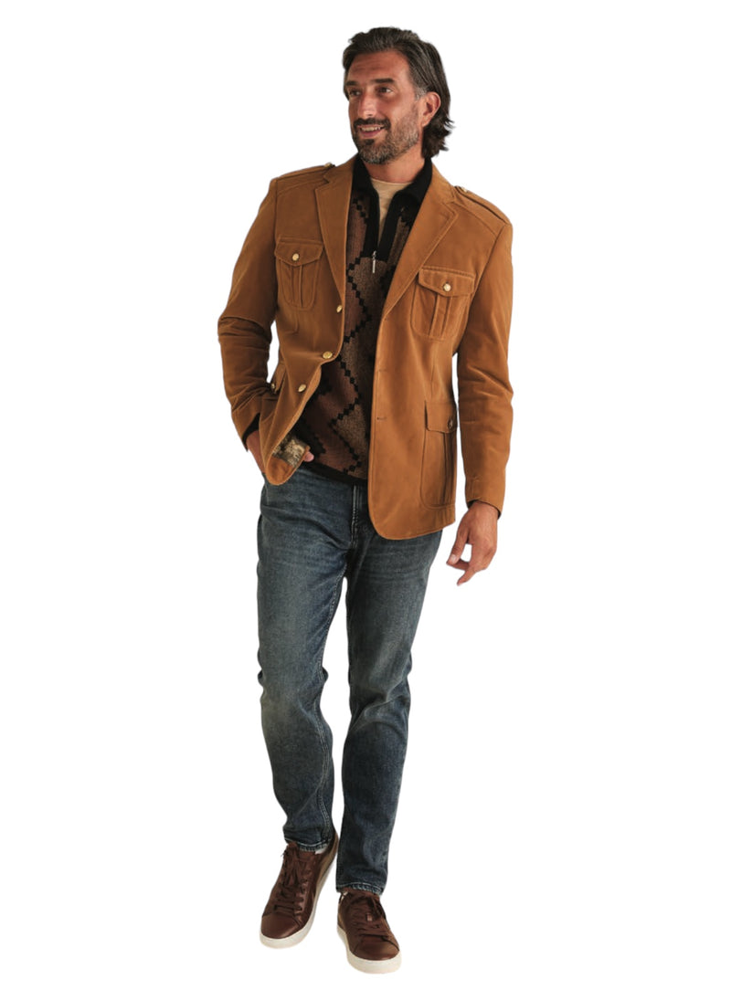 Brown Sugar Velvet Inserch Military Blazer Style 4-pocket single breasted Regular-Fit