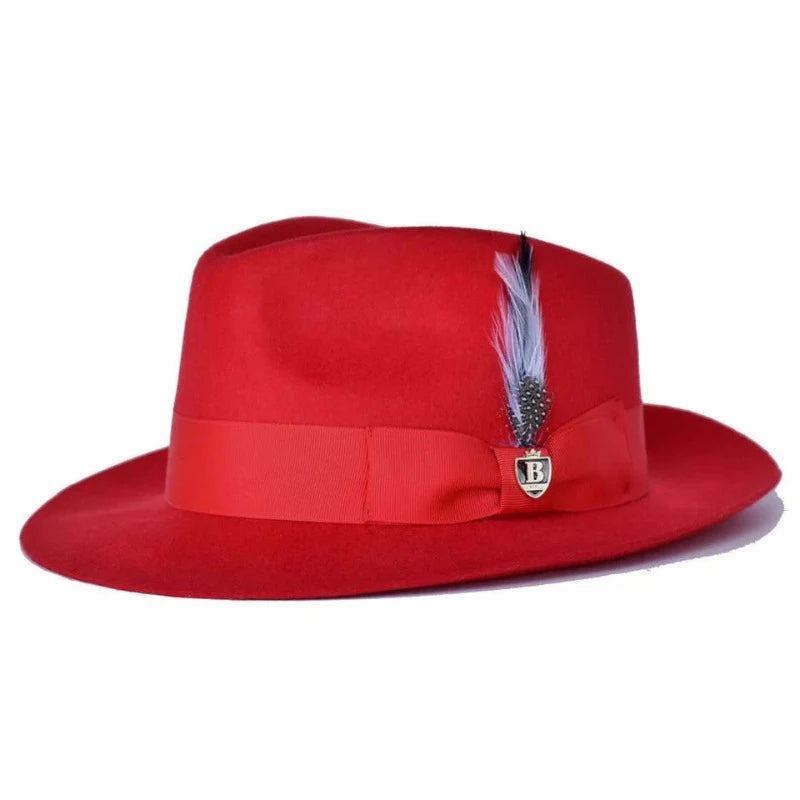 Fabio Classic Brim Wool Felt Fedora by Bruno Capelo, RED / XL