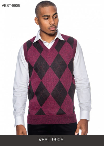 Burgundy-Black Men's V-Neck Argyle Sweater Vest Knitwear Sleeveless Pullover STYLE-9905