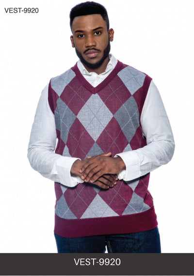 Burgundy-Grey Men's V-Neck Argyle Sweater Vest Knitwear Sleeveless Pullover STYLE-9920