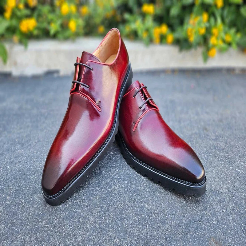 Burgundy Lace-Up Carrucci Shoes Oxford Genuine Leather Derby with Lug Sole