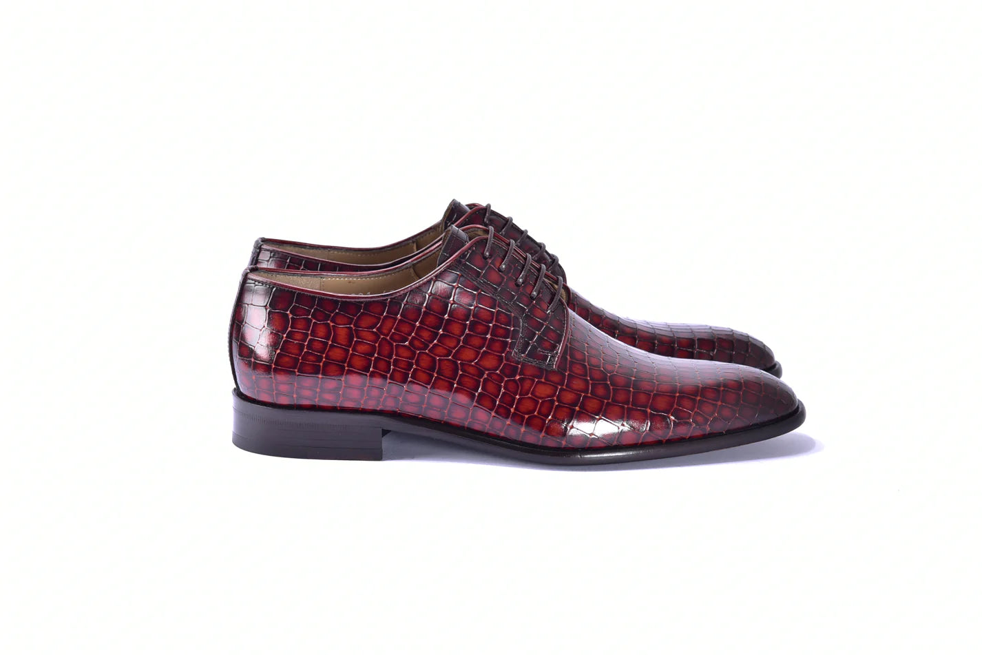 Burgundy Men's Lace-Up Italian Leather Shoes Croco Print C01508-6291C By Corrente, 8.5