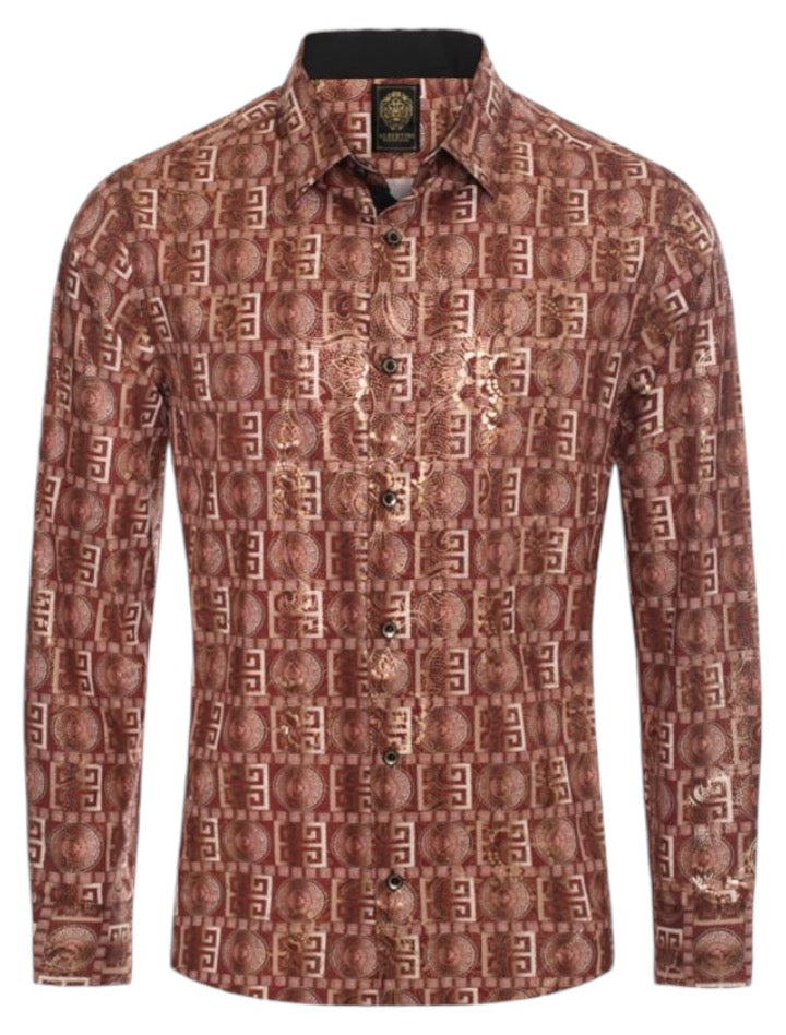 burgundy and gold dress shirt Burgundy-Gold Paisley Luxury Design Men's Long Sleeve Vintage Regular-Fit Style No: 2421 Actual products may vary
