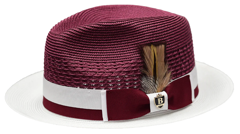 Burgundy / White Straw Fedora Hat for Men | Luxury Dress Hat  display picture 1
