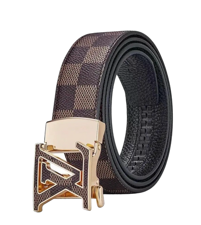 Men’s Brown Plaid Printed Belt Genuine Leather Gold Buckle