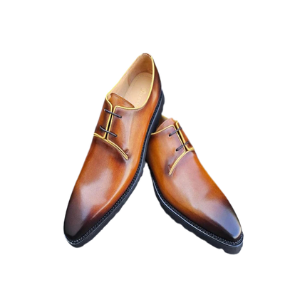 Cognac Lace-Up Carrucci Shoes Genuine Leather Black Rubber Sole Casual Look