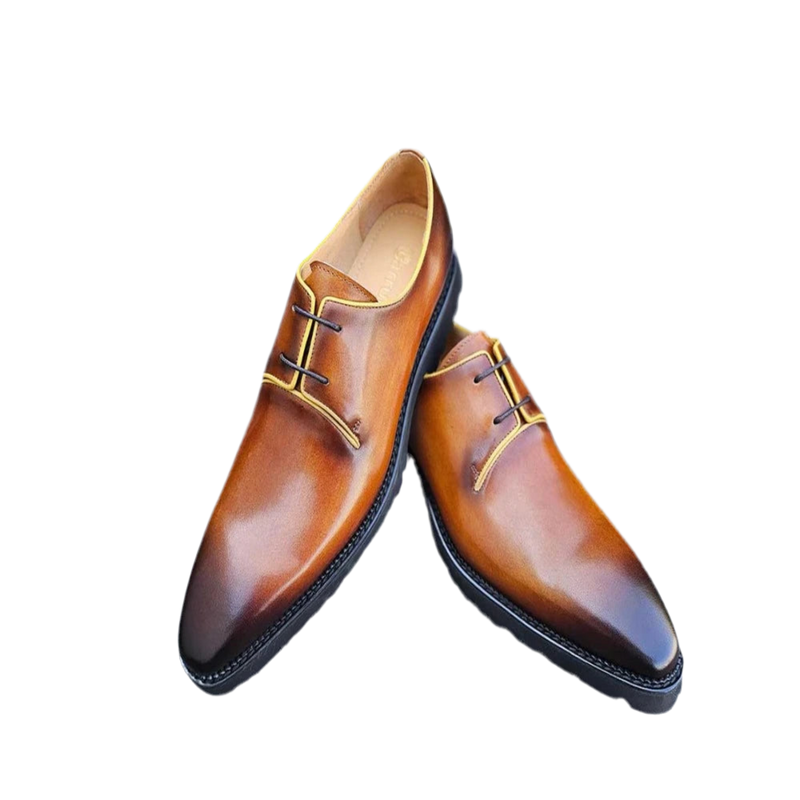 Cognac Lace-Up Carrucci Shoes Genuine Leather Black Rubber Sole Casual Look