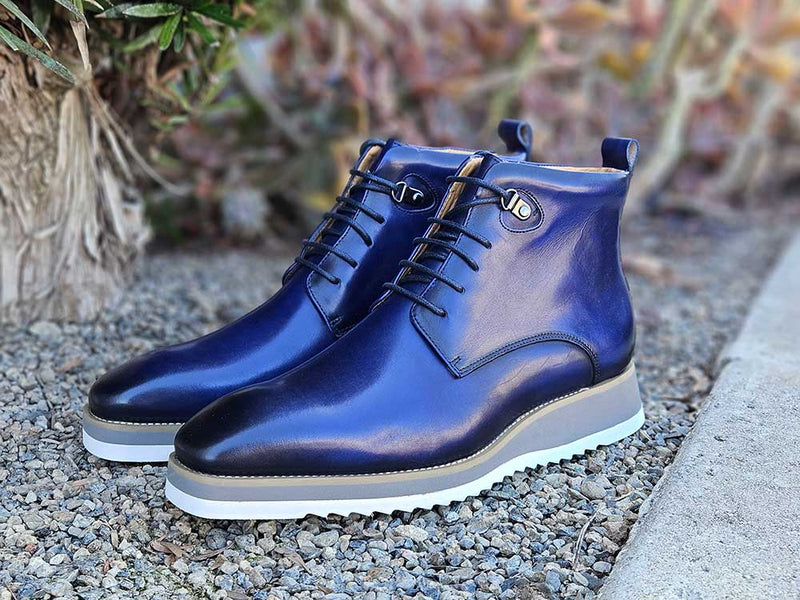 Carrucci Blue Burnished Calfskin Lace-Up Men&