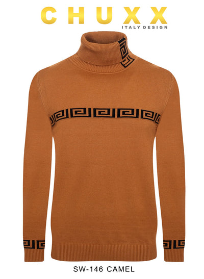 Camel Greek Key Italian Designer Men's Turtleneck Sweater Regular-Fit SW-146