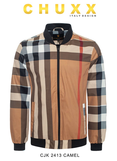 Camel Plaid Full Zip-Up Men's Jacket Italian Designer Long Sleeve Style No: CJK-2413