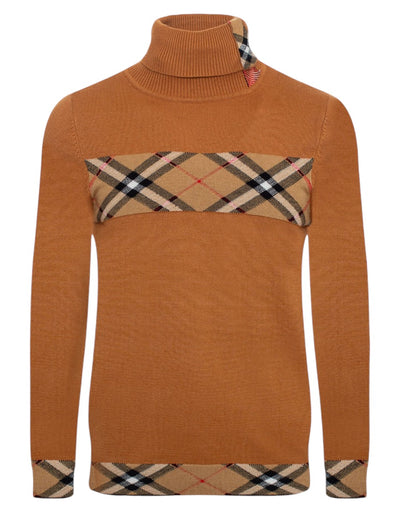 Camel and Beige Plaid Burb Design Men's Turtleneck Sweater Regular-Fit SW-148