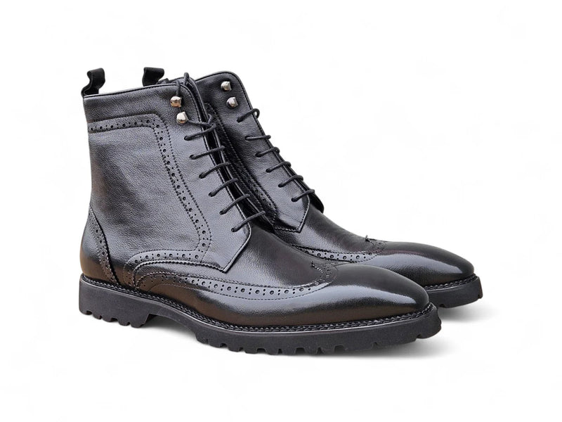 Carrucci Black Genuine Leather Hudson Wingtip Boot Lug Sole KB480-101
