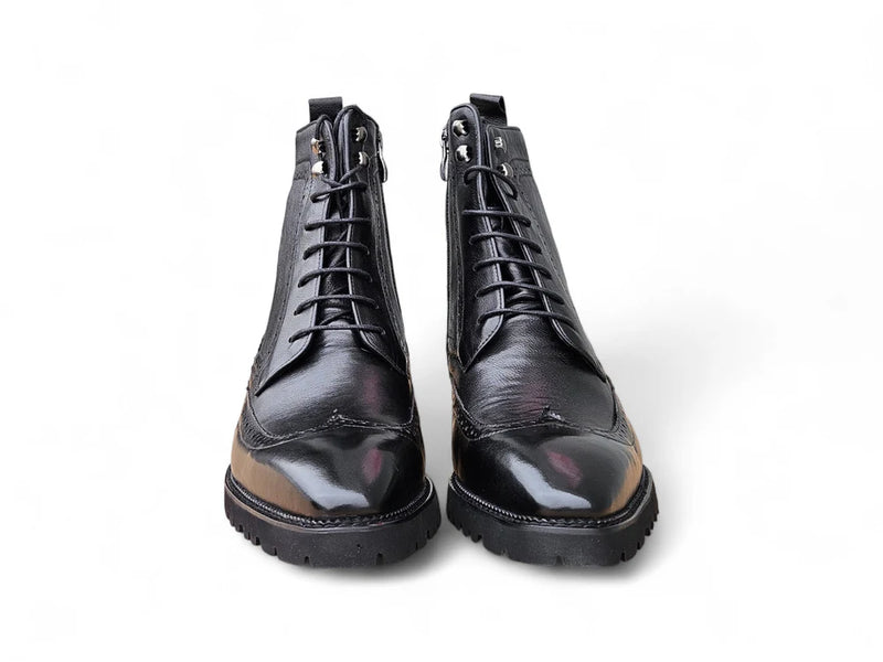 Carrucci Black Genuine Leather Hudson Wingtip Boot Lug Sole KB480-101
