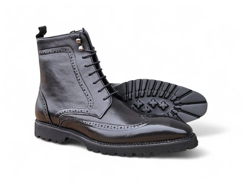 Carrucci Black Genuine Leather Hudson Wingtip Boot Lug Sole KB480-101