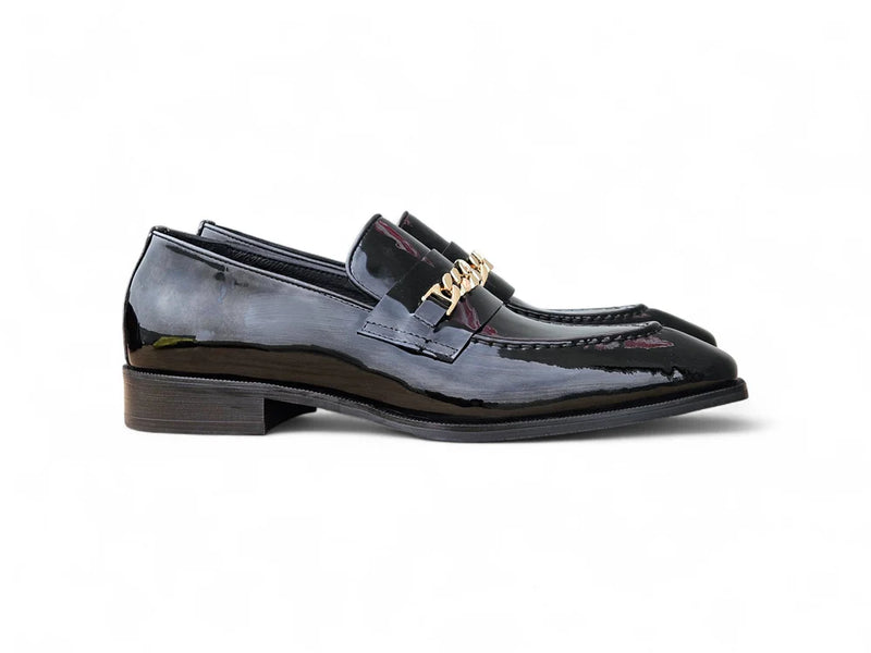 Carrucci Black Shoes Patent Leather Gold Chain Slip-on Loafer KS303-06P