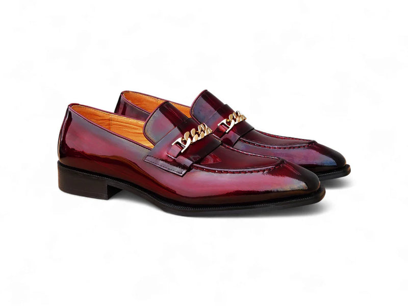 Carrucci Burgundy Shoes Patent Leather Gold Chain Slip-on Loafer KS303-06P