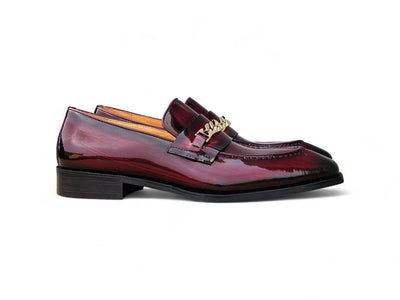 Carrucci Burgundy Shoes Patent Leather Gold Chain Slip-on Loafer KS303-06P