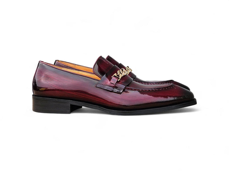 Carrucci Burgundy Shoes Patent Leather Gold Chain Slip-on Loafer KS303-06P
