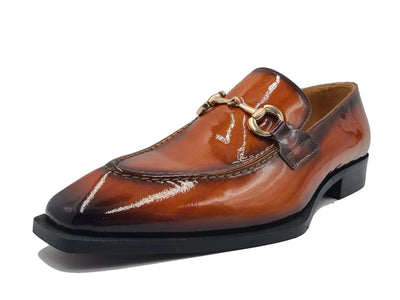 Carrucci Cognac Men's Patent Leather Shoes Slip-On Gold Buckle KS303-01P