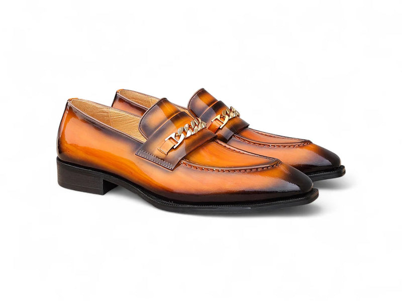 Carrucci Cognac Shoes Patent Leather Gold Chain Slip-on Loafer KS303-06P