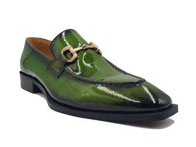 Carrucci Men's Olive Green Patent Leather Shoes Slip-On Gold Buckle KS303-01P