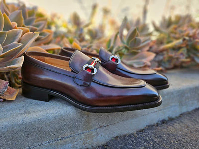 Carrucci Brown Men's Burnished Calfskin Slip-On Loafer Sliver Buckle Style No: KS509-28R - DESIGN MENSWEAR