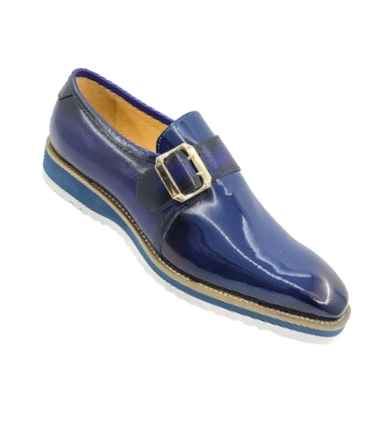 Carrucci Blue Patent Leather Luxury Loafer monkstrap Goldtone Buckle