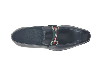 Carrucci Black calfskin leather men's slip-on shoes red and green strip