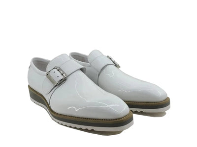 Carrucci White Men's Patent Leather Casual Shoe Monkstrap Sliver Buckle